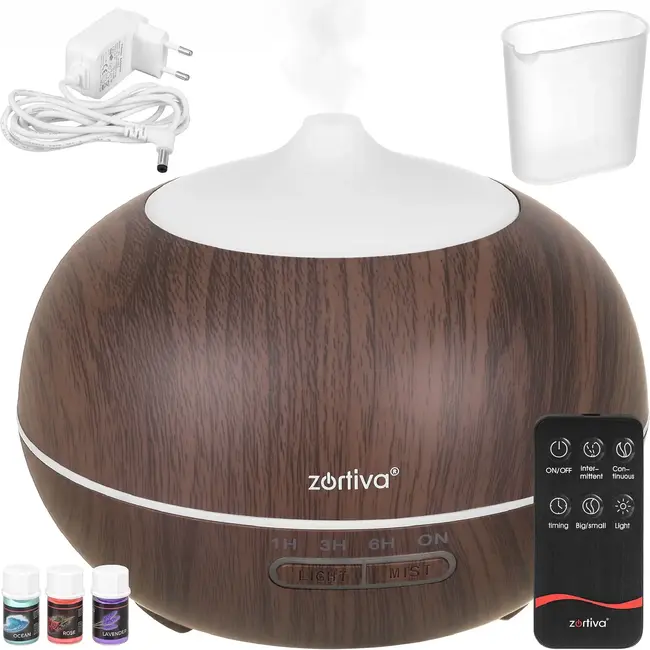 Zortiva Ultrasone geurverspreider 400 ml met timer, 8 LED-kleuren, afstandsbediening en 3 oliën