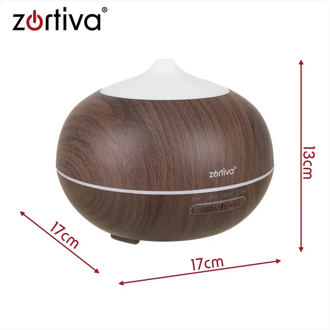 Zortiva Ultrasone geurverspreider 400 ml met timer, 8 LED-kleuren, afstandsbediening en 3 oliën
