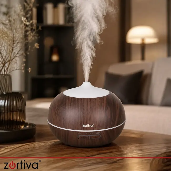 Zortiva Ultrasone geurverspreider 400 ml met timer, 8 LED-kleuren, afstandsbediening en 3 oliën