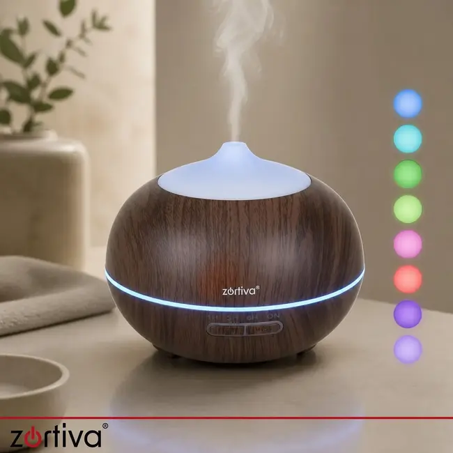 Zortiva Ultrasone geurverspreider 400 ml met timer, 8 LED-kleuren, afstandsbediening en 3 oliën