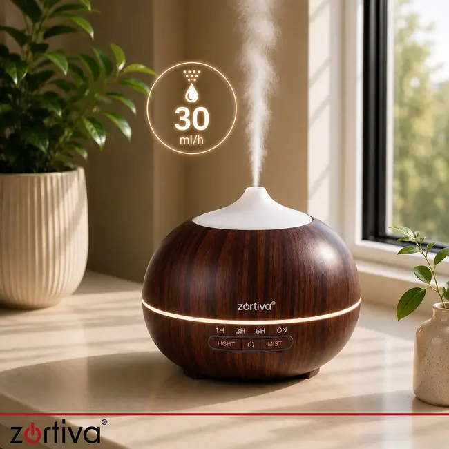 Zortiva Ultrasone geurverspreider 400 ml met timer, 8 LED-kleuren, afstandsbediening en 3 oliën