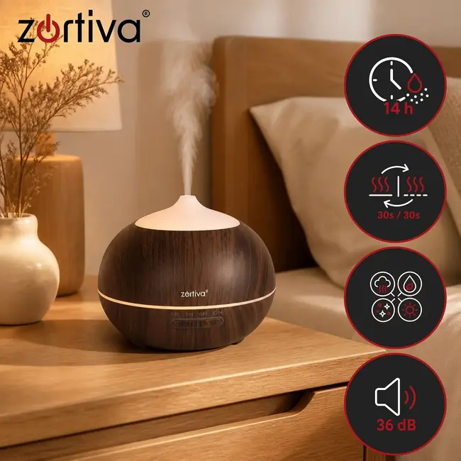 Zortiva Ultrasone geurverspreider 400 ml met timer, 8 LED-kleuren, afstandsbediening en 3 oliën