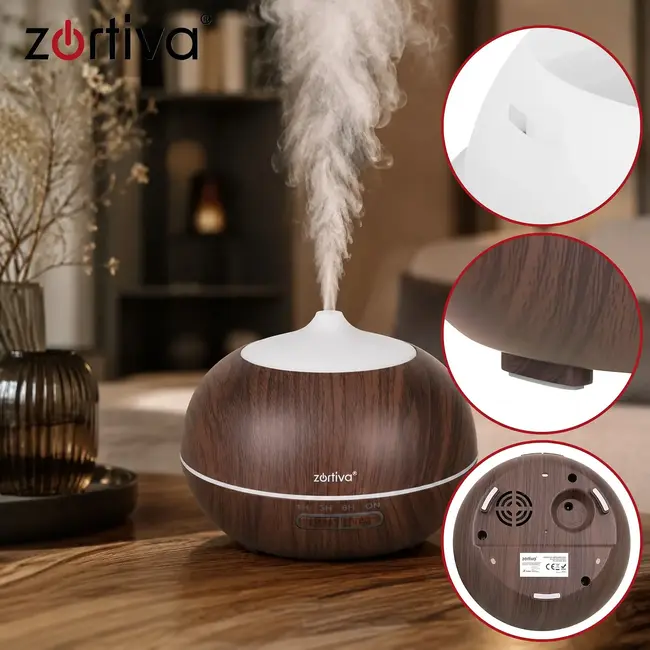 Zortiva Ultrasone geurverspreider 400 ml met timer, 8 LED-kleuren, afstandsbediening en 3 oliën