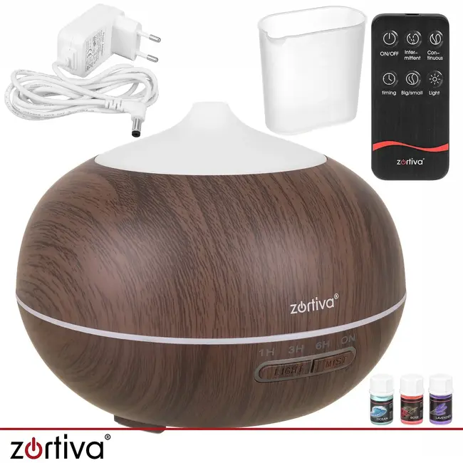 Zortiva Ultrasone geurverspreider 400 ml met timer, 8 LED-kleuren, afstandsbediening en 3 oliën