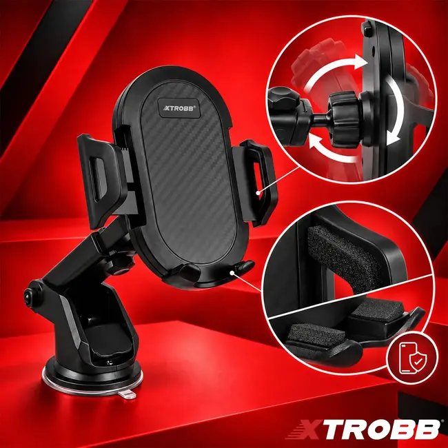 Xtrobb Telefoonhouder met zuignap - 360° draaibaar - arm 12-17 cm - voor voorruit en dashboard