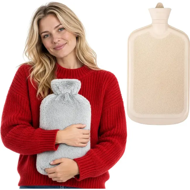 Zortiva Rubberen warmwaterkruik 3,5 l met grijze pluche hoes en beige kruik voor buik en voeten