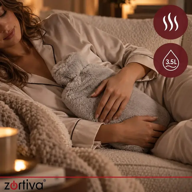 Zortiva Rubberen warmwaterkruik 3,5 l met grijze pluche hoes en beige kruik voor buik en voeten