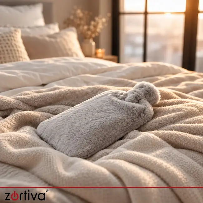 Zortiva Rubberen warmwaterkruik 3,5 l met grijze pluche hoes en beige kruik voor buik en voeten