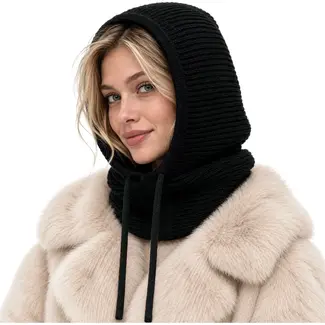 Glimz Winterbalaclava dames 3-in-1 met wol en trekkoord zwart