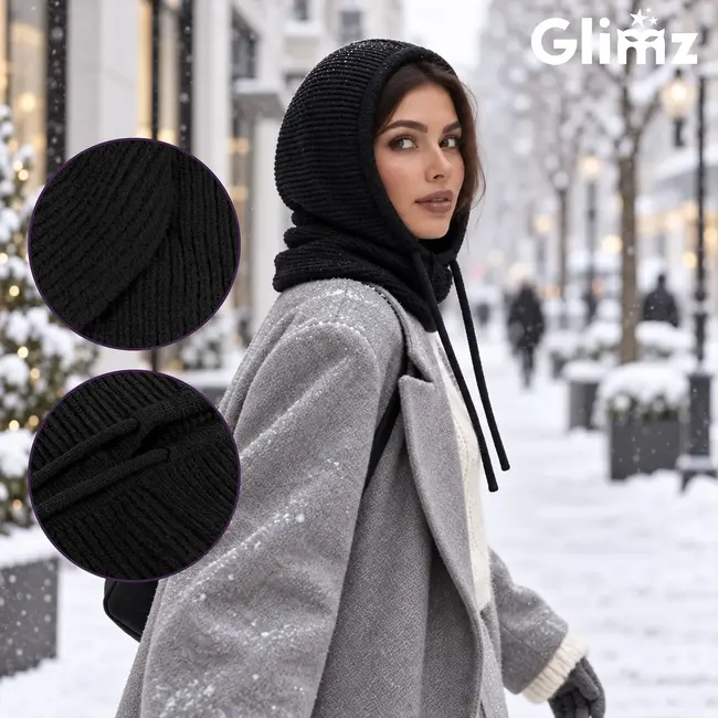 Glimz Winterbalaclava dames 3-in-1 met wol en trekkoord zwart