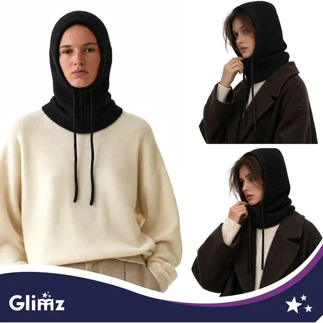 Glimz Winterbalaclava dames 3-in-1 met wol en trekkoord zwart