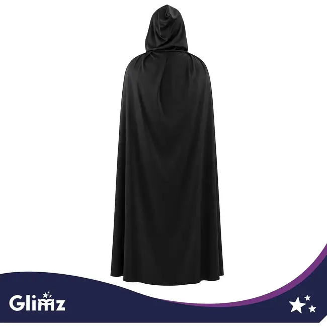 Glimz Zwarte cape met capuchon 172 cm voor Halloween, carnaval, vampier, heks, tovenaar en themafeest