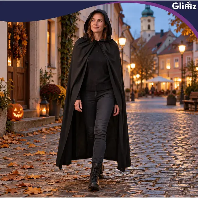 Glimz Zwarte cape met capuchon 172 cm voor Halloween, carnaval, vampier, heks, tovenaar en themafeest