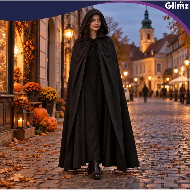 Glimz Zwarte cape met capuchon 172 cm voor Halloween, carnaval, vampier, heks, tovenaar en themafeest