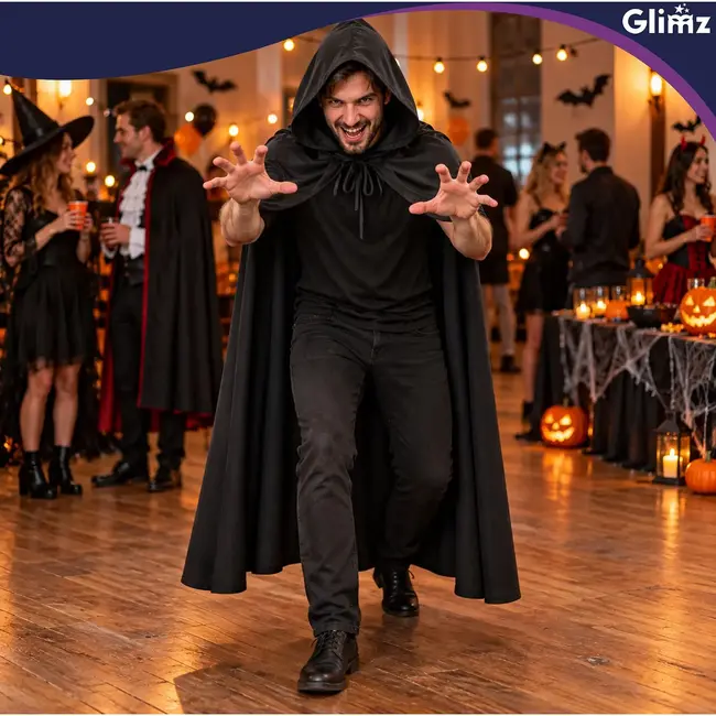 Glimz Zwarte cape met capuchon 172 cm voor Halloween, carnaval, vampier, heks, tovenaar en themafeest
