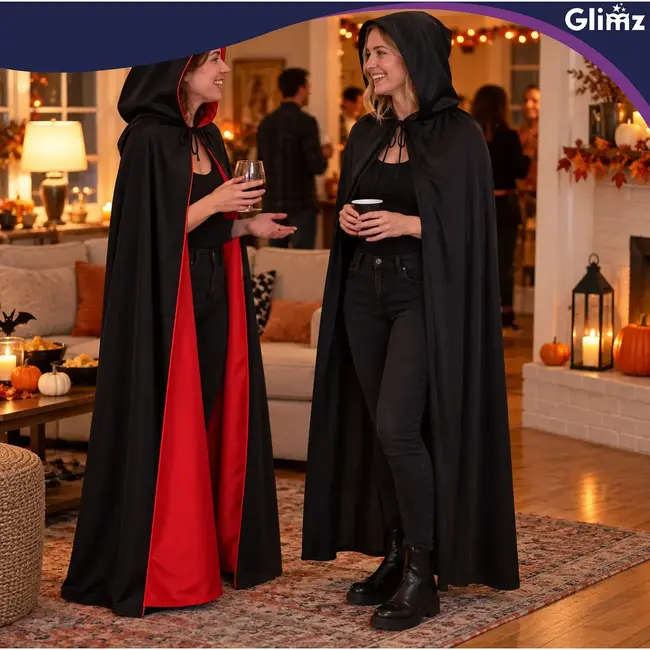 Glimz Zwarte cape met capuchon 172 cm voor Halloween, carnaval, vampier, heks, tovenaar en themafeest