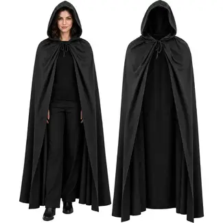 Glimz Zwarte cape met capuchon 172 cm voor Halloween, carnaval, vampier, heks, tovenaar en themafeest