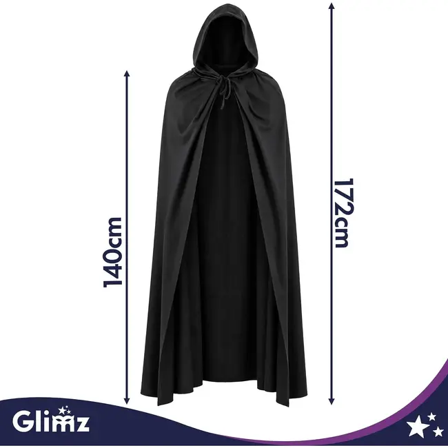 Glimz Zwarte cape met capuchon 172 cm voor Halloween, carnaval, vampier, heks, tovenaar en themafeest