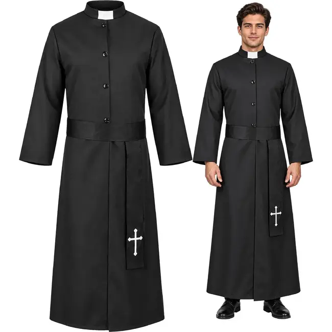 Glimz Priesterkostuum zwart 134 cm met soutane, witte kraag en kruisriem voor Halloween en carnaval