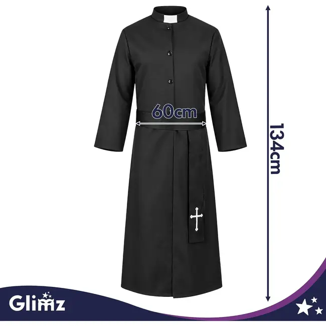 Glimz Priesterkostuum zwart 134 cm met soutane, witte kraag en kruisriem voor Halloween en carnaval