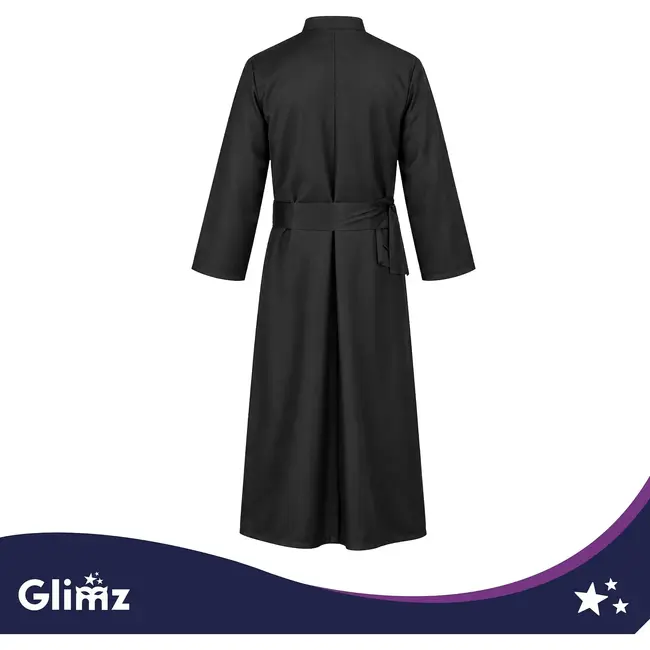 Glimz Priesterkostuum zwart 134 cm met soutane, witte kraag en kruisriem voor Halloween en carnaval