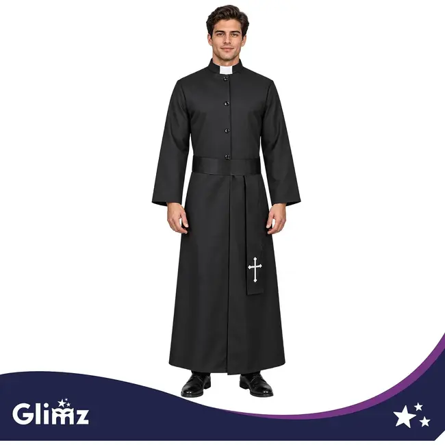 Glimz Priesterkostuum zwart 134 cm met soutane, witte kraag en kruisriem voor Halloween en carnaval