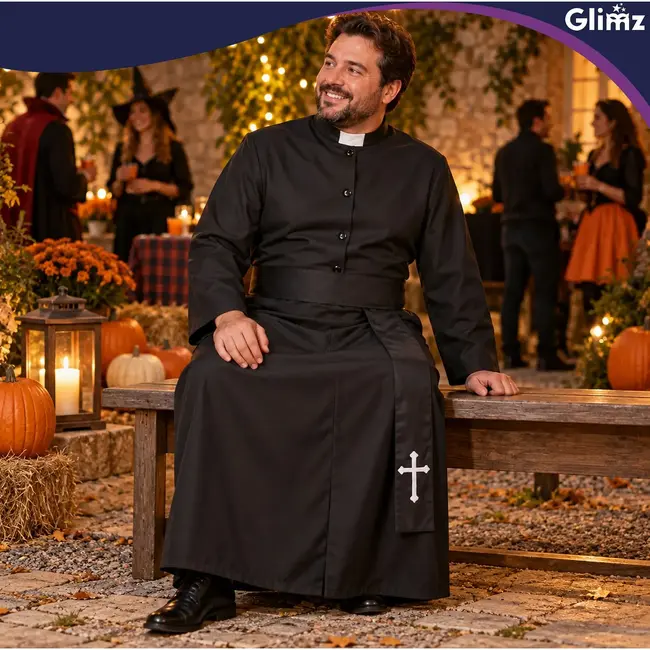 Glimz Priesterkostuum zwart 134 cm met soutane, witte kraag en kruisriem voor Halloween en carnaval