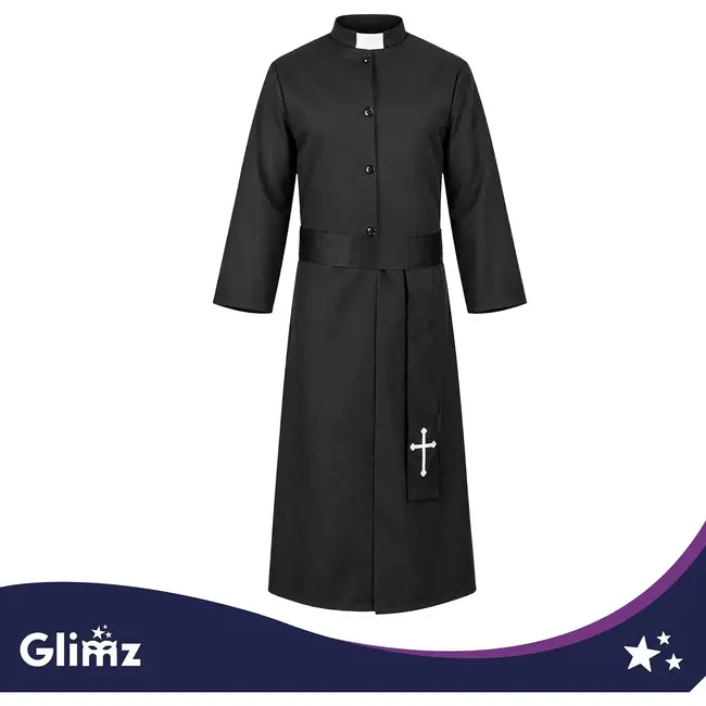 Glimz Priesterkostuum zwart 134 cm met soutane, witte kraag en kruisriem voor Halloween en carnaval