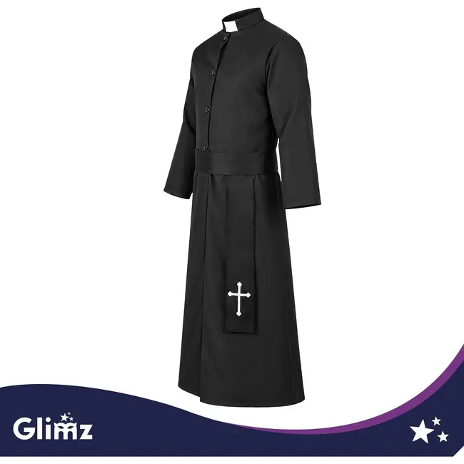 Glimz Priesterkostuum zwart 134 cm met soutane, witte kraag en kruisriem voor Halloween en carnaval