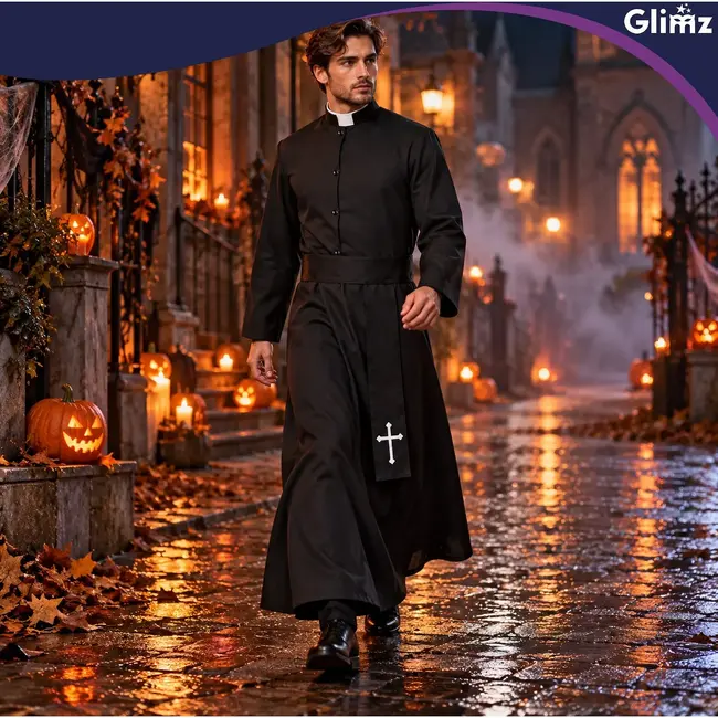 Glimz Priesterkostuum zwart 134 cm met soutane, witte kraag en kruisriem voor Halloween en carnaval