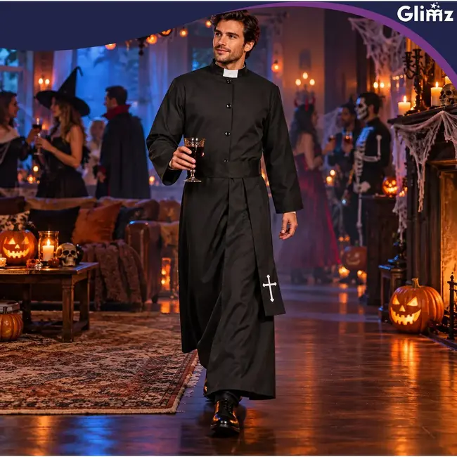 Glimz Priesterkostuum zwart 134 cm met soutane, witte kraag en kruisriem voor Halloween en carnaval