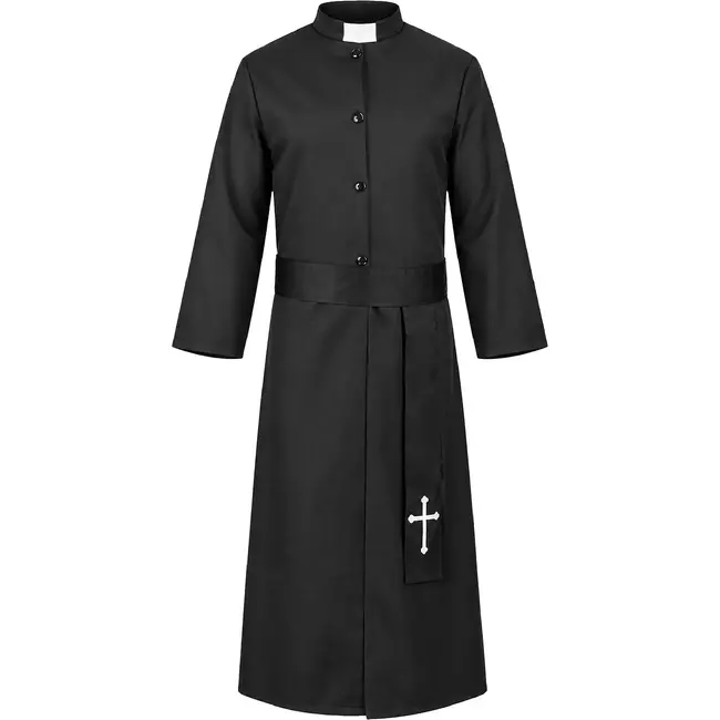 Glimz Priesterkostuum zwart 134 cm met soutane, witte kraag en kruisriem voor Halloween en carnaval
