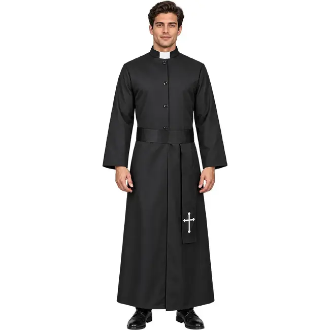 Glimz Priesterkostuum zwart 134 cm met soutane, witte kraag en kruisriem voor Halloween en carnaval