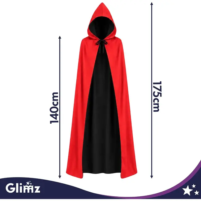 Glimz Dubbelzijdige cape 175 cm zwart-rood voor Halloween, Dracula, vampierkostuum en themafeest
