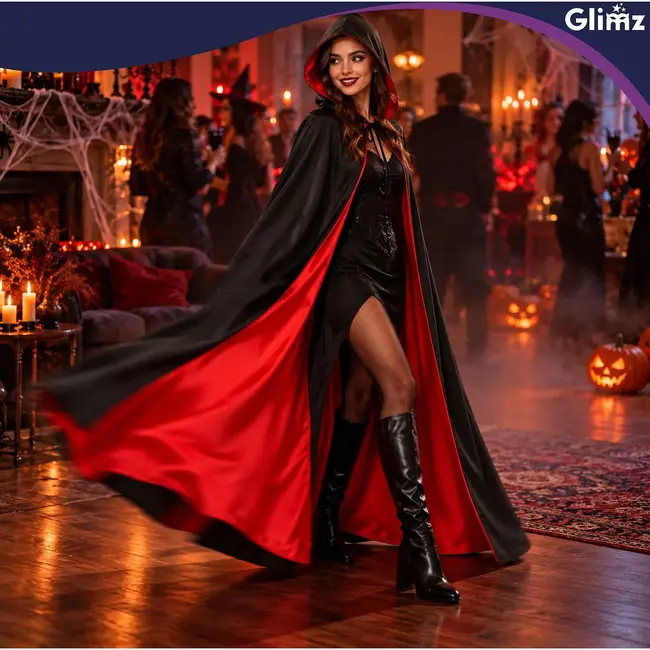 Glimz Dubbelzijdige cape 175 cm zwart-rood voor Halloween, Dracula, vampierkostuum en themafeest