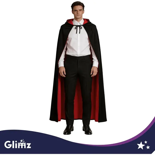 Glimz Dubbelzijdige cape 175 cm zwart-rood voor Halloween, Dracula, vampierkostuum en themafeest