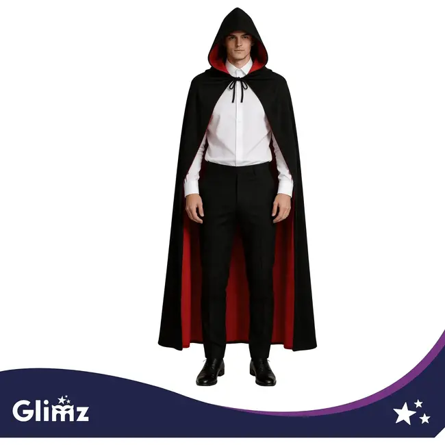 Glimz Dubbelzijdige cape 175 cm zwart-rood voor Halloween, Dracula, vampierkostuum en themafeest