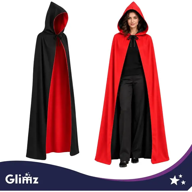 Glimz Dubbelzijdige cape 175 cm zwart-rood voor Halloween, Dracula, vampierkostuum en themafeest