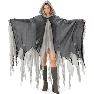 Glimz Zwarte spookcape 180 cm met capuchon en rafelige afwerking voor Halloween en themafeest
