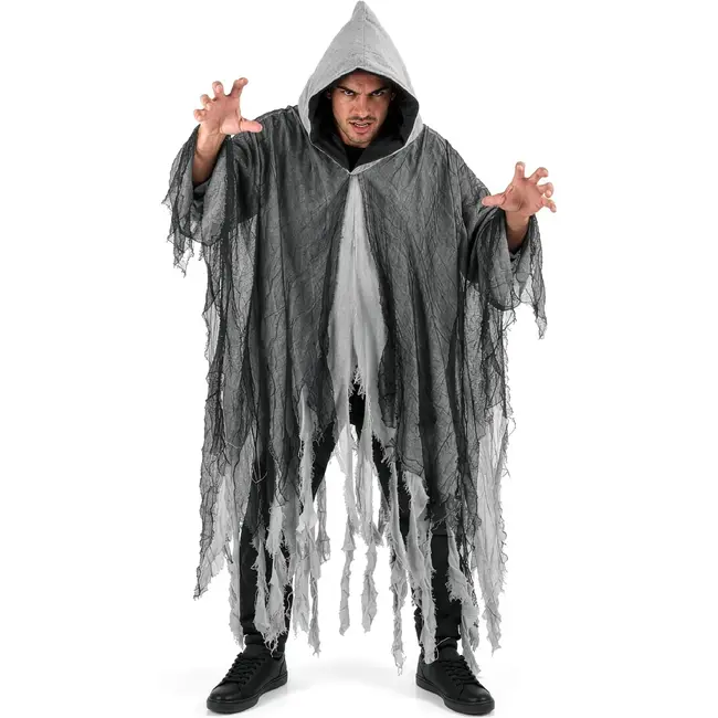 Glimz Zwarte spookcape 180 cm met capuchon en rafelige afwerking voor Halloween en themafeest