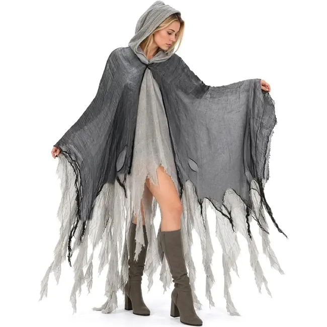 Glimz Zwarte spookcape 180 cm met capuchon en rafelige afwerking voor Halloween en themafeest