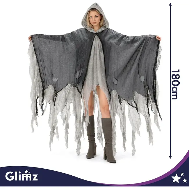 Glimz Zwarte spookcape 180 cm met capuchon en rafelige afwerking voor Halloween en themafeest