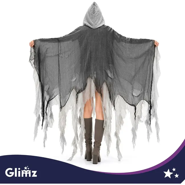 Glimz Zwarte spookcape 180 cm met capuchon en rafelige afwerking voor Halloween en themafeest