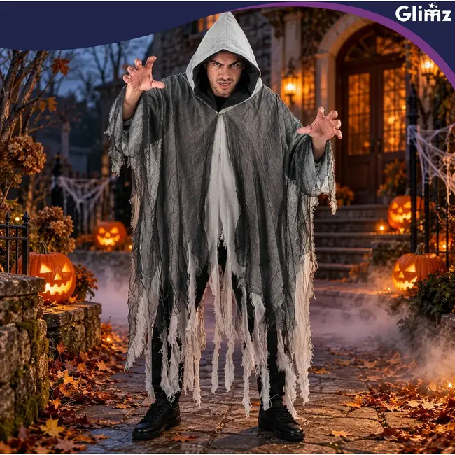 Glimz Zwarte spookcape 180 cm met capuchon en rafelige afwerking voor Halloween en themafeest