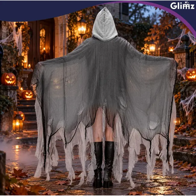 Glimz Zwarte spookcape 180 cm met capuchon en rafelige afwerking voor Halloween en themafeest