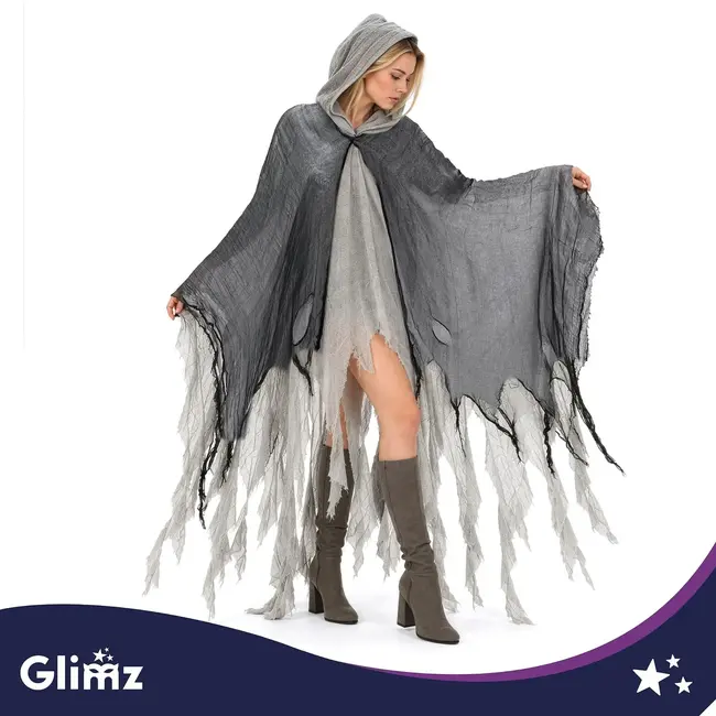 Glimz Zwarte spookcape 180 cm met capuchon en rafelige afwerking voor Halloween en themafeest