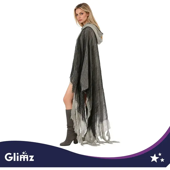 Glimz Zwarte spookcape 180 cm met capuchon en rafelige afwerking voor Halloween en themafeest