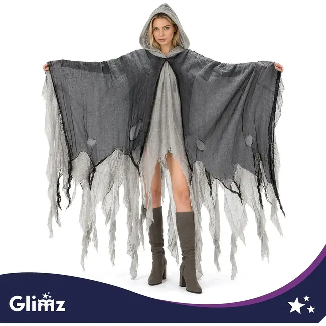 Glimz Zwarte spookcape 180 cm met capuchon en rafelige afwerking voor Halloween en themafeest