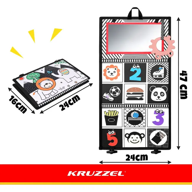 Kruzzel Sensorisch babyboekje 0+ met spiegel, bijtring, contrastpatronen en uitklapbaar ontwerp
