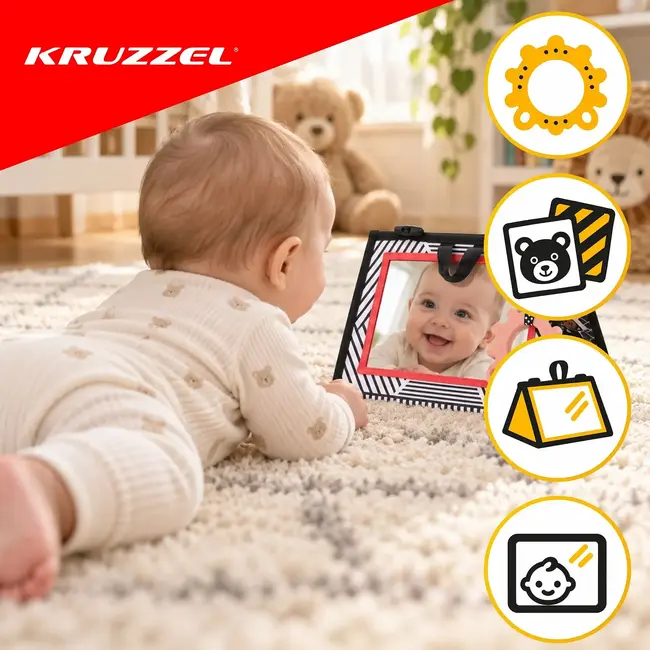 Kruzzel Sensorisch babyboekje 0+ met spiegel, bijtring, contrastpatronen en uitklapbaar ontwerp
